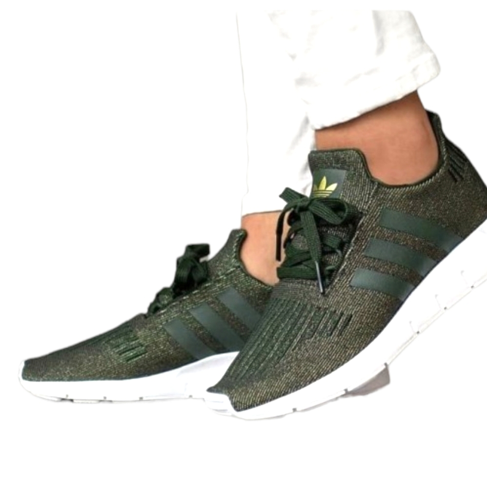Woman size 10 Army Green and Gold with deep gray strips Addias swift runners.